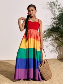 SHEIN Vestido corte A con bloques de color y empalmes para niñas preadolescentes, adecuado para vacaciones de verano y la playa