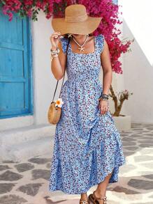 Flirla Plus Size Women's Spring/Summer Square Neck Backless Bow Ditsy Floral Dress