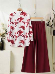 EMERY ROSE 大码女式节日花卉印花两件套衬衫套装