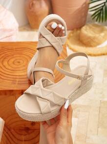 Styleloop Vacation Casual Wedge Canvas Lace-Up Sandals - Apricot - View 1