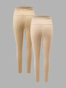 SHEIN Maternity 2 Pieces Set: Summer Urban Leisure Adjustable Elastic Waist Skinny Pants, Black - Khaki - View 2