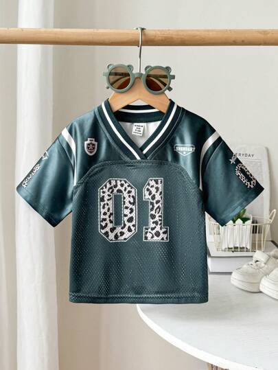 女婴豹纹数字图案足球球衣T恤，休闲运动街头时尚球衣