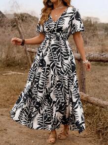 Breezaya Plus Size Casual Plant Print V-Neck Dress - Black and White - View 1