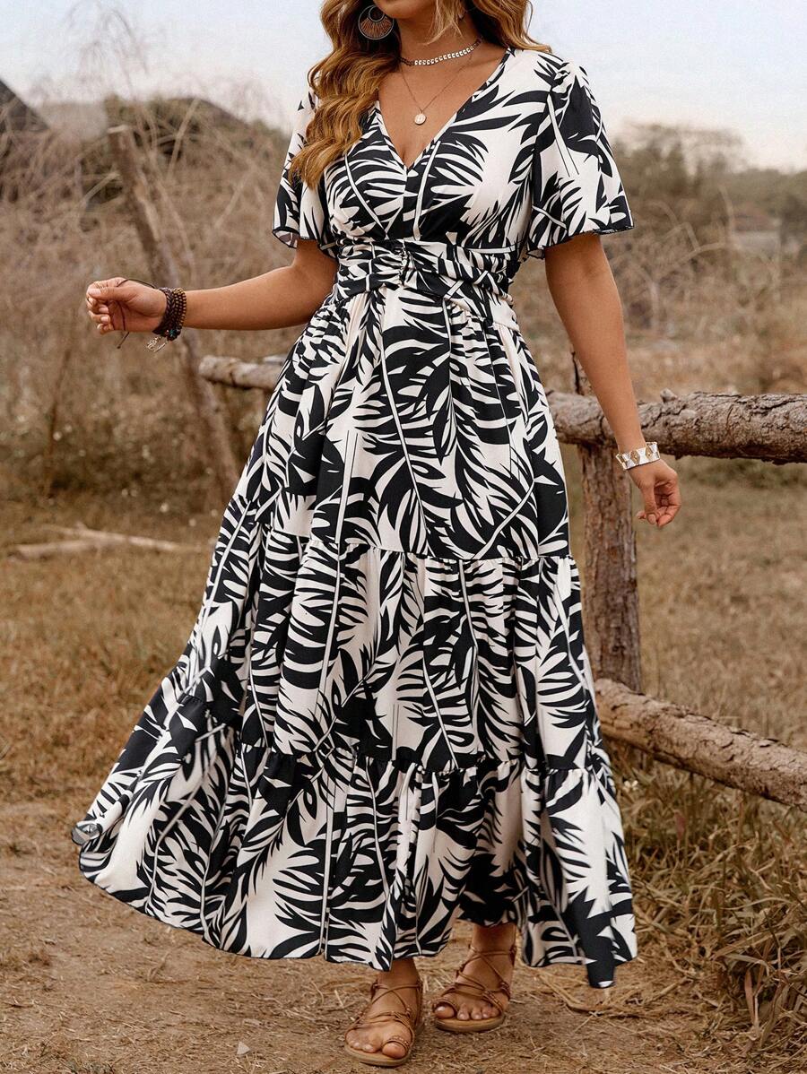 Breezaya Plus Size Casual Plant Print V-Neck Dress - Black and White - View 1
