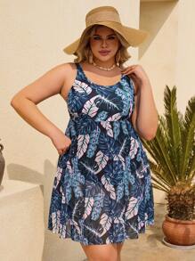 SHEIN CURVE+ 1 pièce grande taille Bas de bikini à taille haute avec imprimé de feuilles de plante tropicale aléatoire, splice de maille col rond. Maillot de bain sexy et élégant pour femmes en vacances à la plage