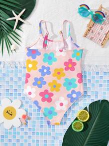 SHEIN Leap Crew Young Girls' Casual Minimalist Camisole One-Piece Swimsuit, Suitable For Summer - Multicolor - View 2