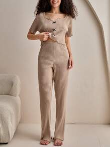 RueChic 2pcs Cotton Contrast Colour Ribbon&Bow Detail Shirt Sleeve Top And Lounge Bottom Homewear Set - Beige - View 3