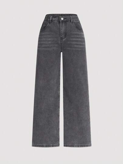 Tween Girl Casual And Versatile Light Blue Washed Denim Pants With Elastic Waistband, Casual Straight-Cut, School, Campus, College