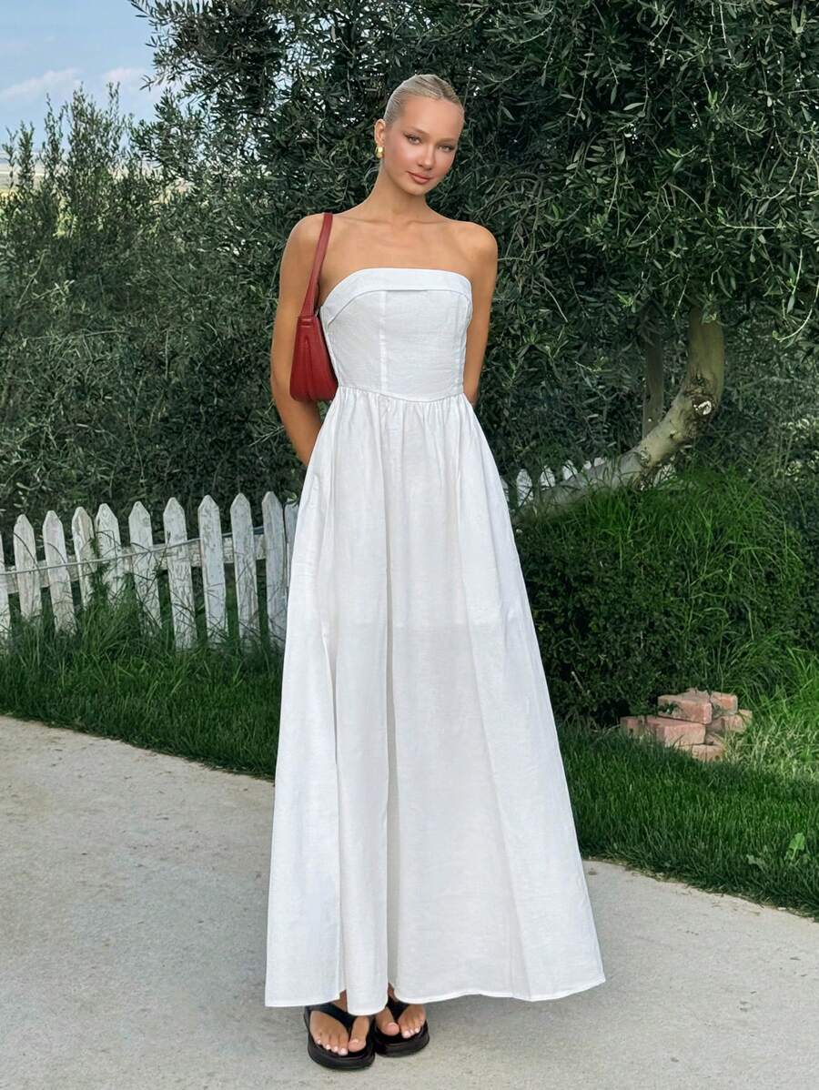 SHEIN EZwear Đầm Maxi Bandeau nhún bèo màu trơn thường ngày cho nữ - trắng - Xem 1