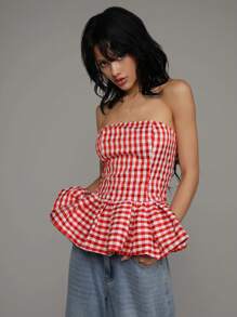 TRNVIE Top corto tipo bandeau con volante en el bajo y estampado rojo a cuadros de verano informal - Rojo y blanco - Ver 6