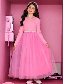 SHEIN Leap Crew Tween Girl Contrast Mesh Hem Dress Without Belt - Pink - View 5