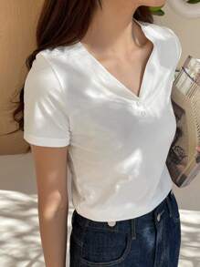 DAZY 女士纯色半扣T恤、短款上衣 - 白色 - 查看 8