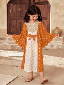 SHEIN Young Girl Woven Color Block V-Neck Snug Fit Dress