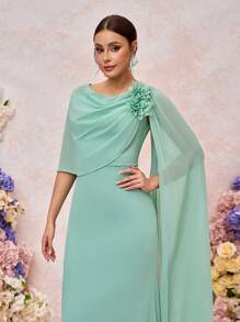 SHEIN Belle Elegant And Romantic Bean Green One-Shoulder Swing Collar Gathered Stitching Large Floating Piece Three-Dimensional Flower Slim Fishtail Hem Suitable For Wedding Events Dating Vacation Bridesmaid Dress
