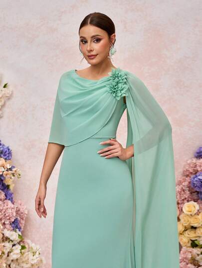 SHEIN Belle Elegant And Romantic Bean Green One-Shoulder Swing Collar Gathered Stitching Large Floating Piece Three-Dimensional Flower Slim Fishtail Hem Suitable For Wedding Events Dating Vacation Bridesmaid Dress