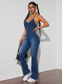 SHEIN ICON Mono vaquero con cuello de halter sin espalda ceñido para mujeres
