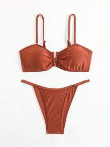 Swim Chiccia Summer New Style Solid Color Off-Shoulder Removable Strap V-Neck Sexy Crop Top And Thong Bikini Beach 2 Pieces Swimwear - Rust Brown - View 2