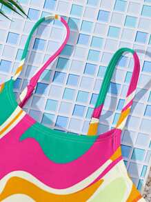 SHEIN Leap Crew Young Girls Minimalist Fitted Camisole & Triangle Bikini Swimwear Set, Casual For Summer - Multicolor - View 3