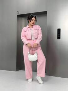 Breezaya Plus Size Casual Distressed Denim Short Jacket - Pink - View 4