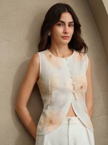 Anewsta Blusa sin mangas con cuello redondo, cintura entallada y estampado similar al lino, apta para verano, festivales, casual, vacaciones y días festivos - Beis - Ver 4