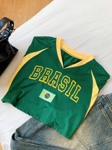 SHEIN Comfortcana Women's Summer Short Sleeve V-Neck Color Block Letter Printed Casual Crop Top With Raglan Sleeve Jersey