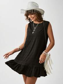 SHEIN LUNE Vestido smock unicolor bajo con fruncido - Negro - Ver 2