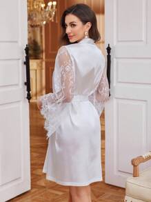 Women's Elegant Solid Color Lace Patchwork Flared Sleeve Robe Luxeloungewear, Fall, Winter - White - View 2