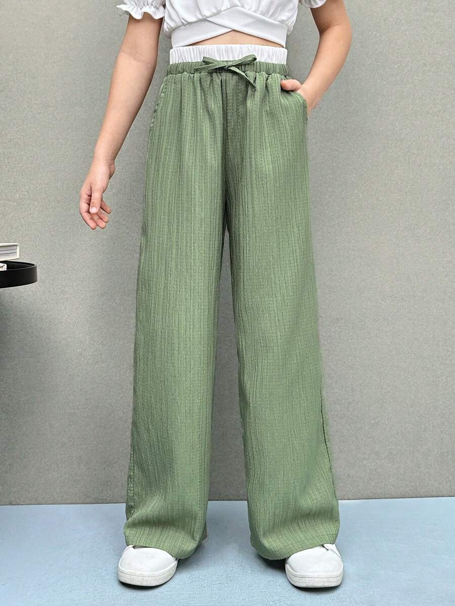 SHEIN Tween Girls' Woven Colorblock Waistband Casual Straight Leg Pants - Green - View 1