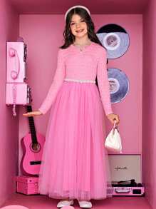 SHEIN Leap Crew Tween Girl Contrast Mesh Hem Dress Without Belt - Pink - View 4