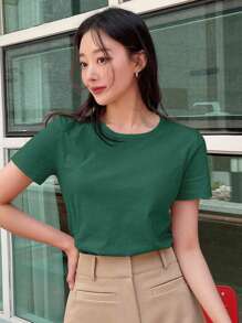 DAZY 纯色休闲短袖圆领T恤学院风上衣 - 墨綠色 - 查看 5