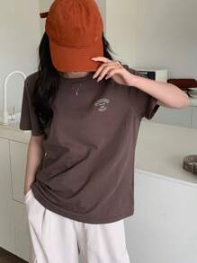 DAZY Letter Printed Short Sleeve T-Shirt - Coffee Brown - View 3