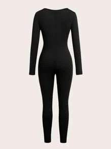 SHEIN SXY 2pcs/Set Plus Size Women's Deep V-Neck Long Sleeve Jumpsuit - Black - View 6