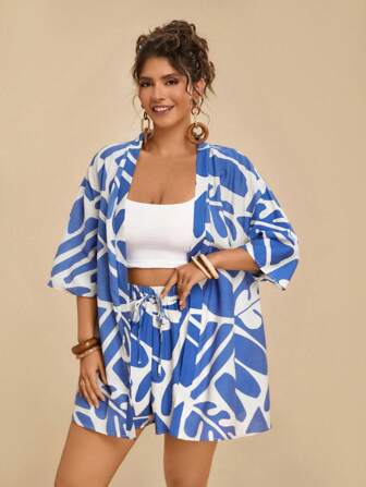 Travachic 2pcs/Set Women Plus Size Tropical Floral Print Kimono & Beach Shorts Set, Summer,Holiday Outfits Boho