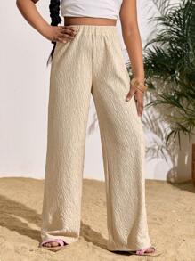 SHEIN Tween Girls Casual Solid Color Straight Leg Pants - Apricot - View 1