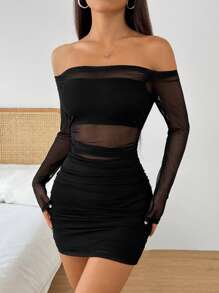 SHEIN EZwear Women's Plain Color Mesh Splice Off Shoulder Long Sleeve Fashionable Mini Dress - Black - View 4