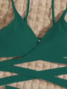 SHEIN Swim Springbreak Solid Color Criss-Cross Cut-Out Tied Bikini Top And Bottom Swimwear Set For Summer Beach Vacation - Dark Green - View 5