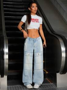 SHEIN ICON 美式休闲直筒牛仔工装裤 - 淺色水洗藍 - 查看 3
