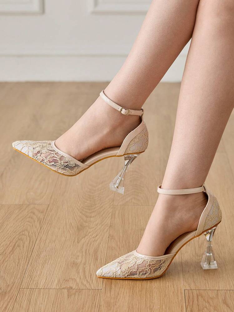 CUCCOO HITCHD Sapatos de Salto Transparente de Bico para Mulheres, Design de Renda e Tela, Estilo Elegante, Romântico e Gracioso, Bombas de Salto Alto Vazadas de Tela de Renda Champanhe, Adequado para Casamento, Festa, Ocasião Formal