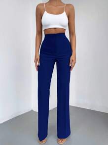 EURMUSE Solid High Waist Flare Leg Pants - Navy Blue - View 4