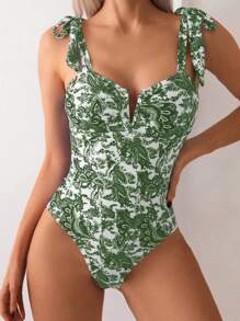 SHEIN Swim 1pc Women's Vacation Beach All-Over Print Tankini Swimsuit For Summer - Green - View 4