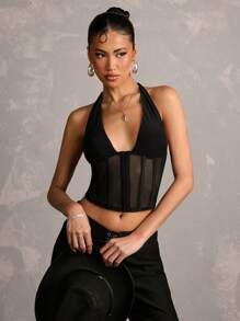 SHEIN BAE Spring Women's Halter Neck Deep V-Neck Front Button Bodycon Tank Top, Suitable For Parties, Casual Outings, Festivals And Street Events - Black - View 5