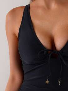 SHEIN Swim 1pc Women Plain Front Tie Ruched One-Piece Sexy Swimsuit For Summer Beach Vacation