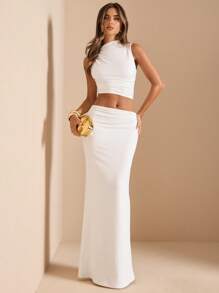 SHEIN BAE Women Solid White Asymmetric Twist Ruched Shoulder Camisole & Low Waist Ruched Pencil Skirt 2 Pieces Knit Set, White Co-Ord, Bridesmaid Knit Suit, Back To School/Graduation Set, Resort Outfit - White - View 3