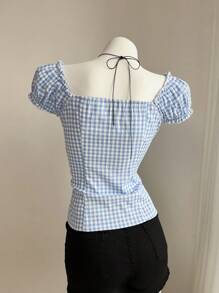 Elamini Women Gingham Puff Sleeve Button-Up Shirt With Wooden Trim - Blue - View 2