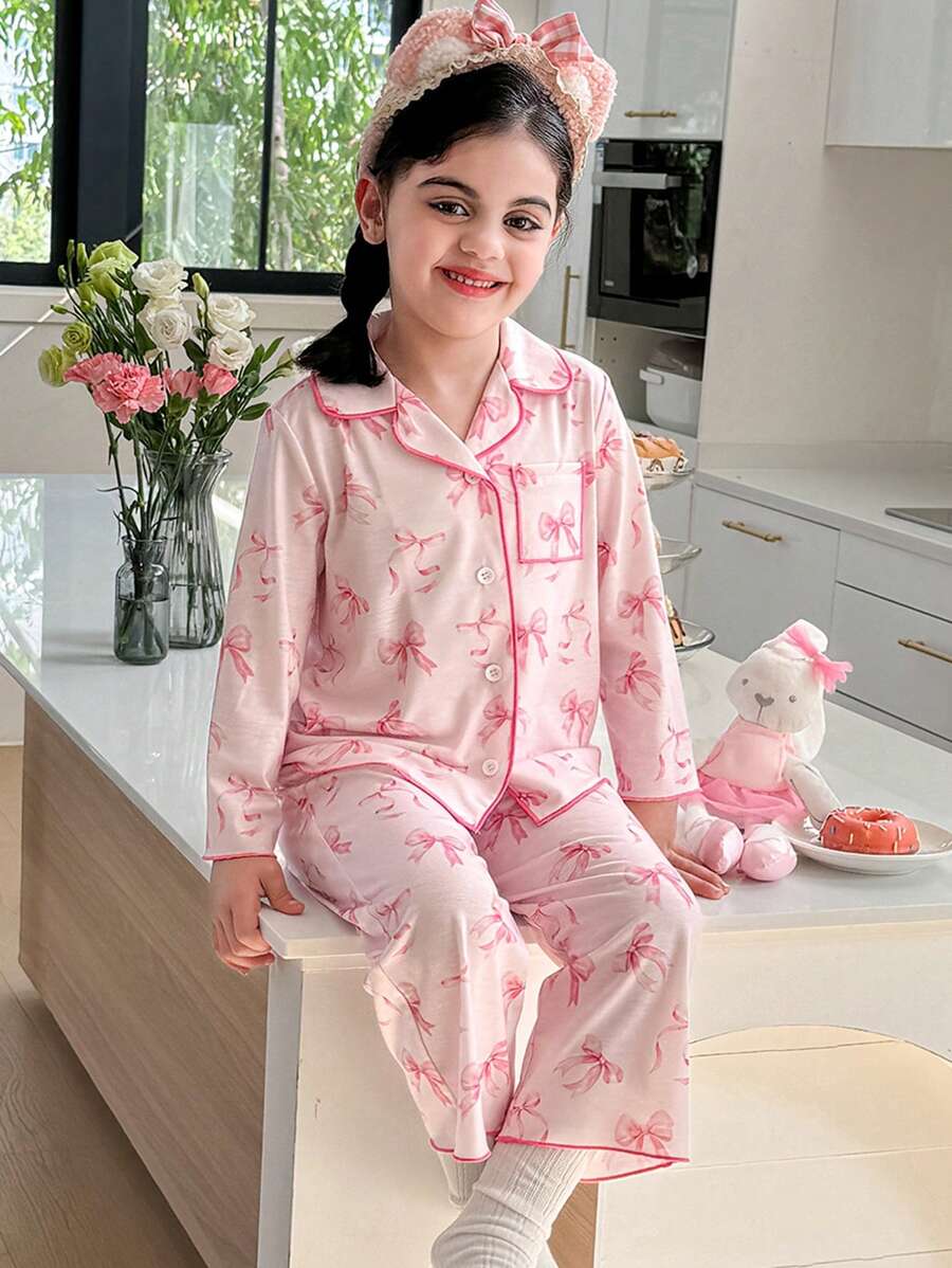 年轻女孩可爱蝴蝶结图案粉色甜美翻领纽扣口袋长袖上衣和裤子宽松休闲睡衣套装，2 件套（2 套单独出售） - 粉色 - 查看 1