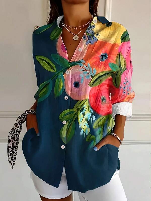 INAWLY Women's Vacation Casual Floral Print Long Sleeve Shirt Fall Cloth For Women