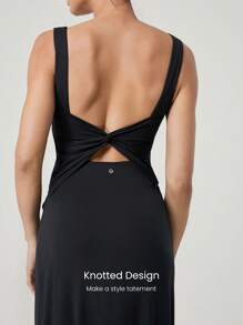 GLOWMODE Modal Silky Smooth Instep-Length Back Knot Square-Neck Wrap Maxi Dress Daily Casual Wear Removable Cups - Black - View 4