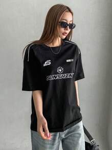 DAZY Letter Graphic Drop Shoulder Tee Jersey - Black - View 4