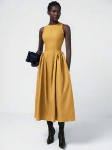 Aveloria Modichic Robe élégante française simple et polyvalente pour femmes avec taille élastique froncée, fentes et doubles poches