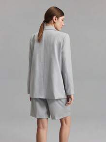 Ontre 2pcs Women Striped Blazer & Shorts Suit Set, Casual Office Wear, Gray Suit, Spring/Summer, - Light Grey - View 2